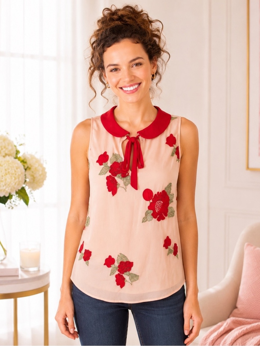 Disney Snow White Lauren Conrad Red Floral Embroidered Sleeveless Blouse NWT M